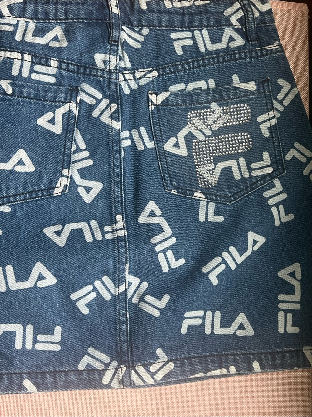 Fila Blue Denim Logo Mini Skirt with Rhinestone Pocket Accent